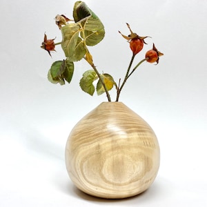 Puede incluir: Un jarrón de madera clara con forma redonda y bulbosa. El jarrón está lleno de un solo tallo de escaramujos secos y hojas.