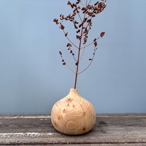 May include: A light brown wooden vase with a round, bulbous shape. The vase is made of natural wood with a knotty grain pattern. A dried flower stem with brown leaves is in the vase.