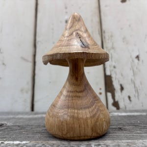 Hand Turned Red Oak Mushroom: Wood Sculpture with Bark Edge