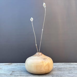 Puede incluir: Un pequeño jarrón de madera clara con forma redonda y bulbosa. El jarrón está lleno de dos tallos secos con pequeñas flores blancas.