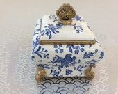 Mother s Day Gift Ceramic trinket Dish Pot with lid Regal Blue Bird Hand decorated Decoupaged Gift for Her Gift for Nan
