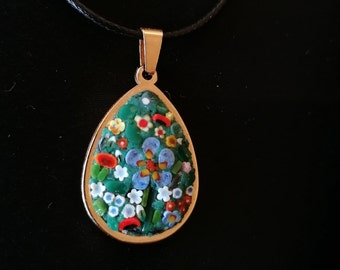 Bijoux micro mosaïque multicolore des fleurs doré forme goutte