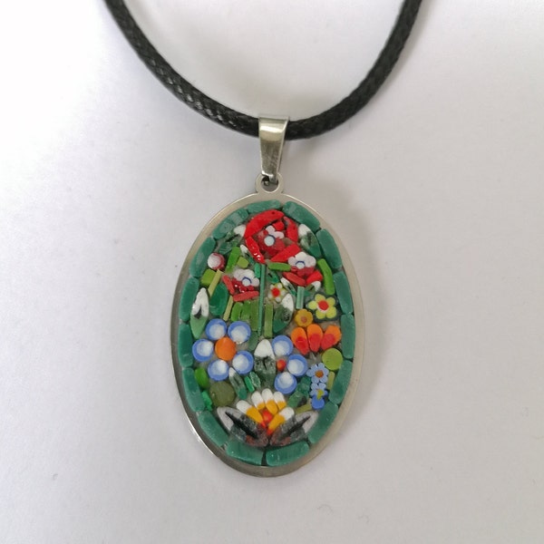 Bijoux micro mosaïque multicolore avec des fleurs forme ovale