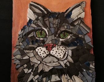 Gray cat mosaic picture to hang on the mosaic wall