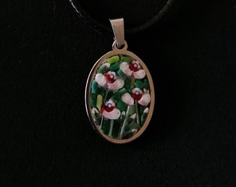 Micro mosaic jewelry with pink flowers oval shape