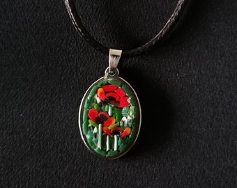 Micro mosaic jewelry with oval poppy flowers