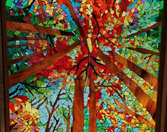 Multicolored mosaic painting of trees for wall decoration