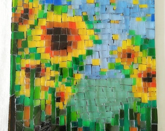 Tableau mosaïque transparent multicolore avec des fleurs tournesols pour accrocher sur le mur mosaïque