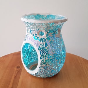 Mosaic Glass Tealight Burner, Wax Melt Warmer, Essential Oil Burner, Tealight Candle Holder, Soy Wax Melts, Perfect gift Aqua Crackle