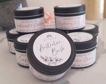 Travel Tins, Strong Scented Candles, 4oz Tin, 25 hr Burn time, 100% Natural Soy Wax, Premium Fragrances, Handmade in Australia, Perfect gift
