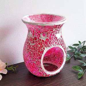 Mosaic Glass Tealight Burner, Wax Melt Warmer, Essential Oil Burner, Tealight Candle Holder, Soy Wax Melts, Perfect gift Pink Crackle