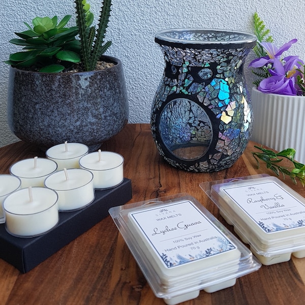 Wax Melt Burner gift Set, Scented Soy Wax Melts, Mosaic Tealight Burner, Soy Tealights, Wax Melt Warmer, Essential Oil Burner, Perfect Gift