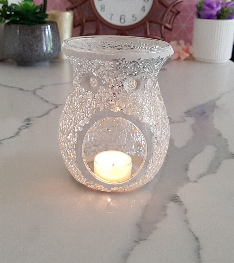 Mosaic Glass Tealight Burner, Wax Melt Warmer, Essential Oil Burner, Tealight Candle Holder, Soy Wax Melts, Perfect gift Silver Crackle