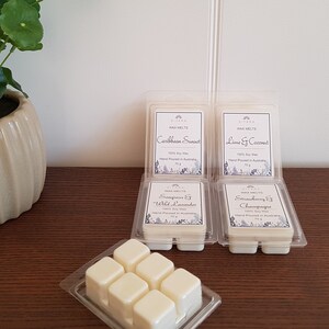 K&ouml;nnte beinhalten: Sechs Wachsschmelzen in durchsichtigen Plastikbeh&auml;ltern mit Etiketten. Die Etiketten sind wei&szlig; mit schwarzem Text und zeigen verschiedene D&uuml;fte: Caribbean Sunset, Lime & Coconut, Seagrass & Wild Lavender, Strawberry & Champagne. Die Wachsschmelzen sind handgefertigt in Australien und bestehen aus 100% Sojawachs.