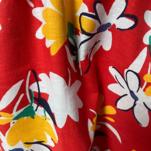 Vintage red cotton fabric, daisy print 1980’s sewing material, sewing length