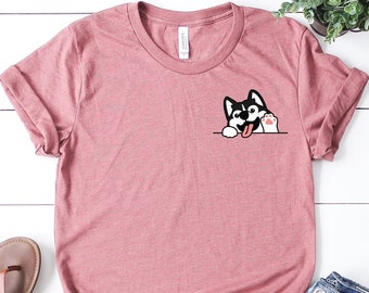 Siberian Husky Dog Paws Pocket T-Shirt, I Love My Dog, Dog Face Shirt, Gifts For Dog Lovers, Cat Gifts For Cat Lovers, Dog Love Shirts,Husky