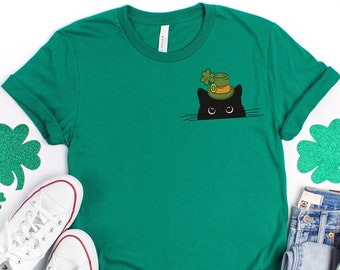 St. Patrick's Day Black Cat T-Shirt, Irish Clover Kitty
