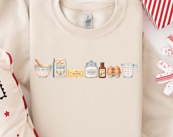 Baking Icons Crewneck Sweatshirt, Flour Mixer Rolling Pin Sweater, Freshly Baked Artisan Bread Shirt