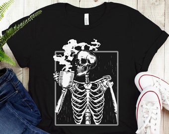 Skeleton Drinking Coffee T-Shirt: Funny Halloween Tee