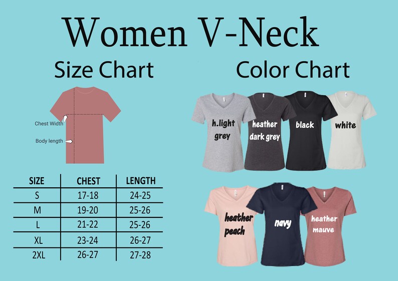 K&ouml;nnte beinhalten: Gr&ouml;&szlig;entabelle f&uuml;r V-Ausschnitt-Shirts mit Ma&szlig;en in Zoll f&uuml;r Brust und L&auml;nge. Die Farbtabelle zeigt die verschiedenen verf&uuml;gbaren Farben: hellgrau, meliert dunkelgrau, schwarz, wei&szlig;, meliert pfirsich, marineblau und meliert lila.