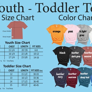 K&ouml;nnte beinhalten: Eine Gr&ouml;&szlig;en- und Farbtabelle f&uuml;r T-Shirts f&uuml;r Jugendliche und Kleinkinder. Die Tabelle enth&auml;lt Brust- und L&auml;ngenma&szlig;e in Zoll sowie Gr&ouml;&szlig;enangaben. Farboptionen sind Orange, Pink, Hellgrau, Wei&szlig;, Schwarz, Dunkelgrau, Mauve, Marine, Bordeaux, Tiefseegr&uuml;n und Hellblau.