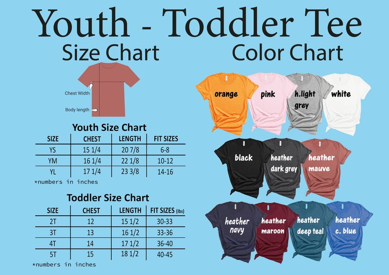 K&ouml;nnte beinhalten: Eine Gr&ouml;&szlig;en- und Farbtabelle f&uuml;r T-Shirts f&uuml;r Jugendliche und Kleinkinder. Die Tabelle enth&auml;lt Brust- und L&auml;ngenma&szlig;e in Zoll sowie Gr&ouml;&szlig;enangaben. Farboptionen sind Orange, Pink, Hellgrau, Wei&szlig;, Schwarz, Dunkelgrau, Mauve, Marine, Bordeaux, Tiefseegr&uuml;n und Hellblau.
