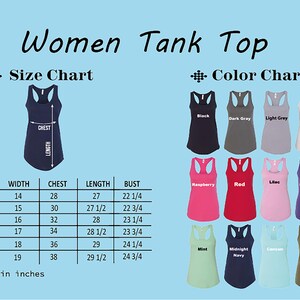 May include: Size chart for women's tank tops with measurements in inches. The chart shows width, chest, length, and bust measurements for sizes XS to 2XL. A color chart shows 12 different colors of tank tops.