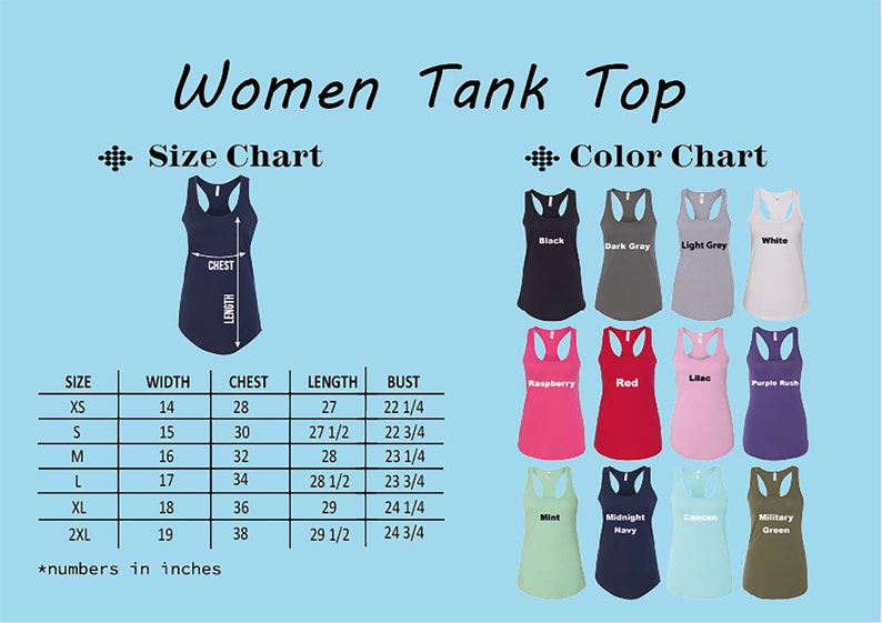 May include: Size chart for women's tank tops with measurements in inches. The chart shows width, chest, length, and bust measurements for sizes XS to 2XL. A color chart shows 12 different colors of tank tops.