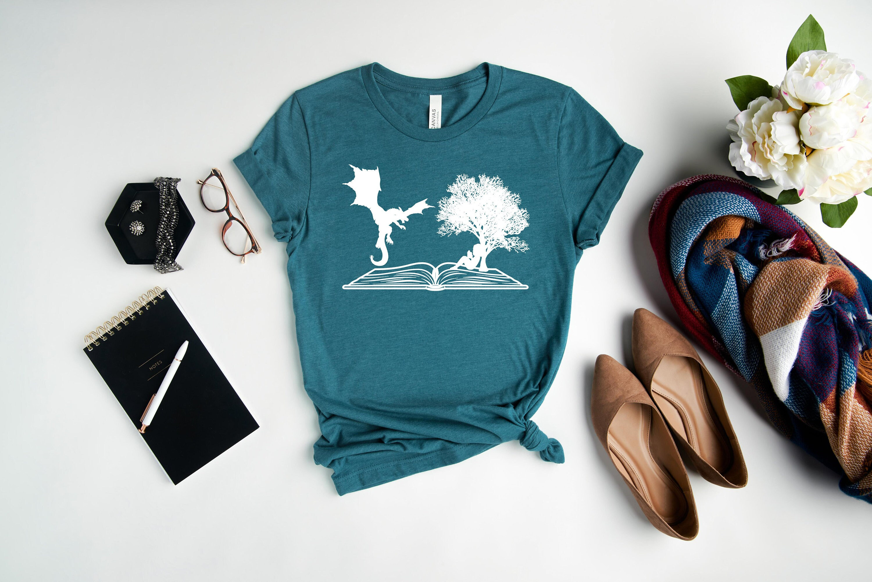 Women's Book Lover T-Shirt - Girl & Dragon Fantasy Reading Tee For Bookworms