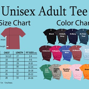 K&ouml;nnte beinhalten: Gr&ouml;&szlig;entabelle f&uuml;r Unisex-Erwachsenen-T-Shirts mit Ma&szlig;en in Zoll und Gewicht in Pfund. Farbkarte mit 20 verschiedenen Farboptionen f&uuml;r das T-Shirt.
