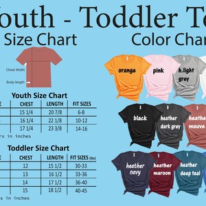 K&ouml;nnte beinhalten: Gr&ouml;&szlig;entabelle f&uuml;r Jugend- und Kleinkind-T-Shirts. Die Tabelle zeigt Brust- und L&auml;ngenma&szlig;e in Zoll sowie die entsprechenden Alters- und Gewichtsbereiche. Die Farbtabelle zeigt eine Vielzahl von T-Shirt-Farben, darunter Orange, Pink, Hellgrau, Wei&szlig;, Schwarz, Dunkelgrau meliert, Mauve meliert, Marineblau meliert, Rotbraun meliert, Dunkelblau meliert und Hellblau meliert.