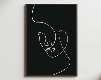 Minimalist Female Face Line Art Print Black Background Wall - Etsy