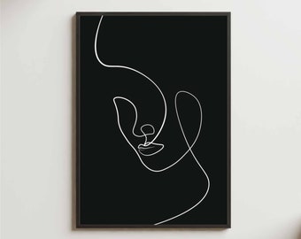 Minimalist Female Face Line Art Print Black Background Wall - Etsy