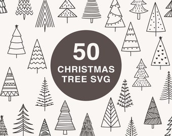 May include: A set of 50 black and white Christmas tree illustrations in various styles. The trees are outlined in black and have different patterns and designs. The text "50 Christmas Tree SVG" is in the center of the image.