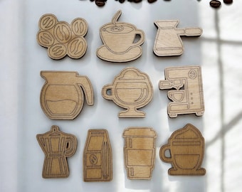 Coffee Fridge Magnets - Laser Etched Birch Wood, Set of 10