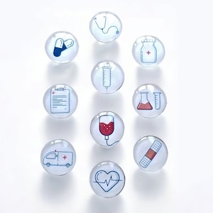 10 Hospital Themed 1&quot; Glass Round Fridge Magnets, Refrigerator Magnets, Decorative Desk Whiteboard Magnets, One Inch