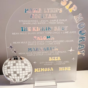 Retro Vintage Laser Engraved Acrylic Bar Menu | Signature Drink Menu | Bar Menu | Wedding Bar Menu | Iridescent Acrylic | Sip Sip Hooray