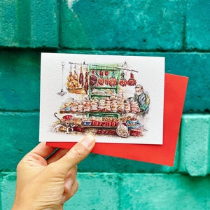 Barraca de alimentos secos de Wong | Cartão e cartão postal em aquarela de Hong Kong
