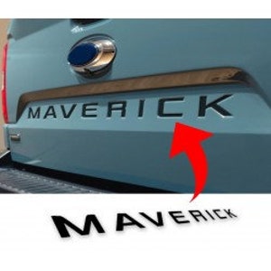 May include: Black "MAVERICK" lettering on a chrome tailgate trim for a Ford Maverick truck.