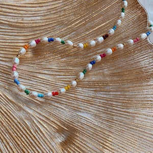 Rainbow mixed colour beads and freshwater pearl necklace