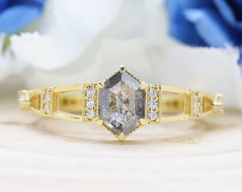 18K Hexagon Diamond Salt and Pepper Color Engagement and Wedding Set with Natural Loose Diamonds in Yellow Gold For Geometric Allure