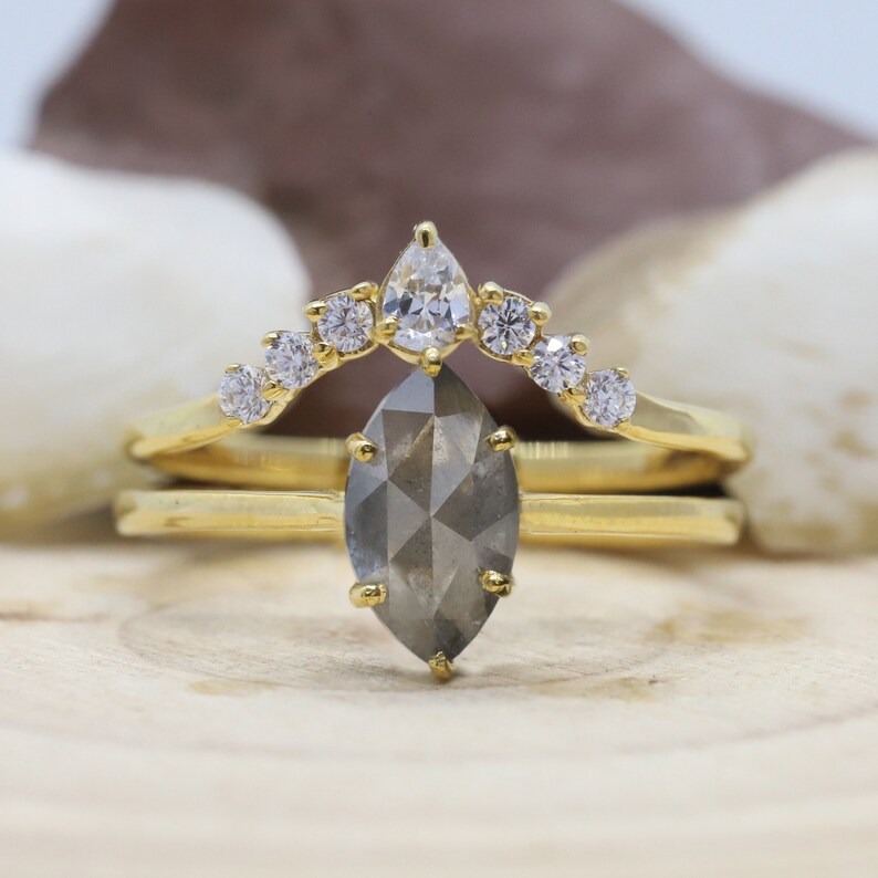 18K Marquise Diamond Salt and Pepper Color Engagement and Wedding Ring Set With Natural Loose