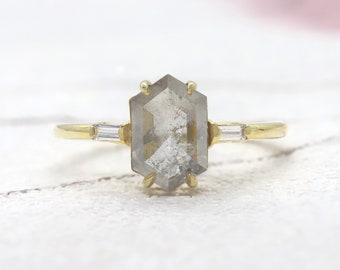 18K Hexagon Diamond Yellow Gold Engagement Ring and Wedding Duo with Gray (Salt and Pepper) Accents ring