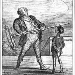 May include: A black and white illustration of a man holding a broom and a boy standing in front of him. The man is wearing a suit and has a stern expression on his face. The boy is wearing a shirt and trousers and has a worried expression on his face.