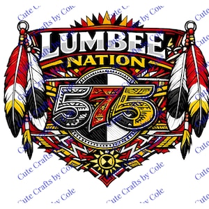May include: A colorful graphic design featuring the text "LUMBER NATION" above "575". The design includes Native American-inspired elements, such as feathers and geometric patterns, in red, yellow, black, and white.