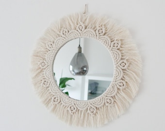 Miroir mural en macramé rond de style bohème beige 32 cm, 42 cm ou 52 cm