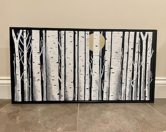 Cuadro "Abedules y la luna llena", acrílico sobre lienzo, enmarcado.