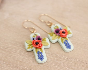 Sculpted Floral Crosses | floral jewelry, spring jewelry, polymer clay earrings, Mother’s Day gift, baptism gift, Easter