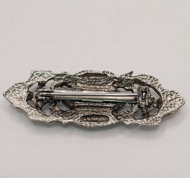 Vintage Victorian Inspired Silver Tone Rhinestone Black Stone Bar Brooch Pin