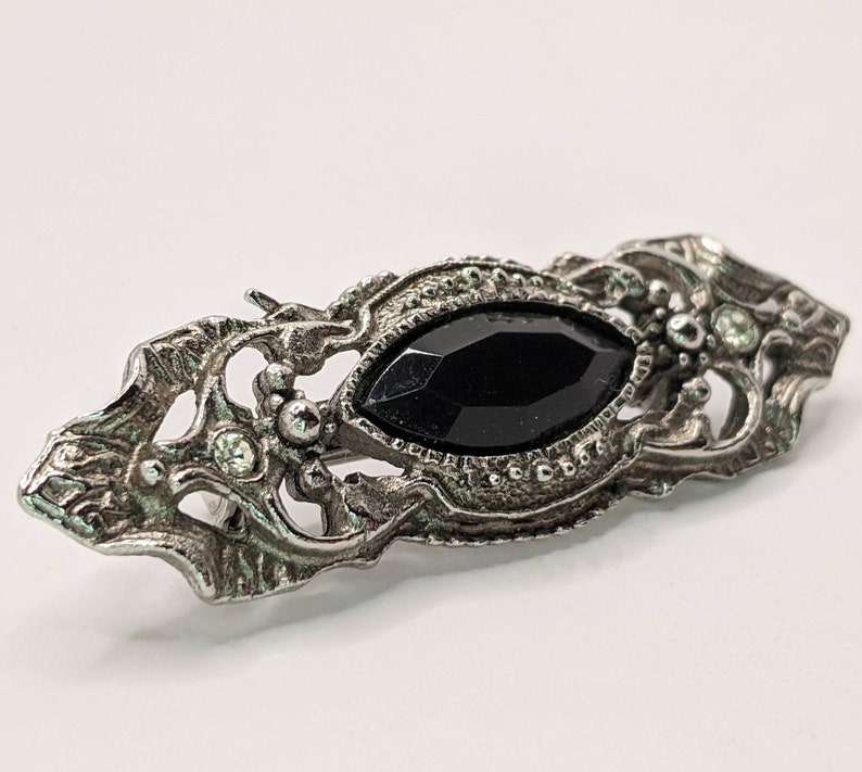 Vintage Victorian Inspired Silver Tone Rhinestone Black Stone Bar Brooch Pin